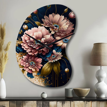 Burgundy And Blue Daisy Bunch I - Asymmetric Metal Wall Clock